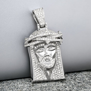 14K White Gold Jesus Head Pendant With Round Cut Diamonds 1.72 Ctw